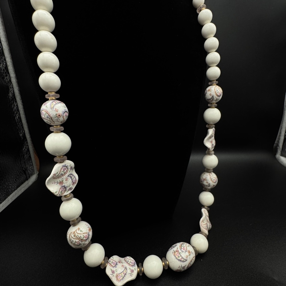 Vintage Hand Painted Graduated Faux Pearl Bead Necklace Made Japan MCM Statement